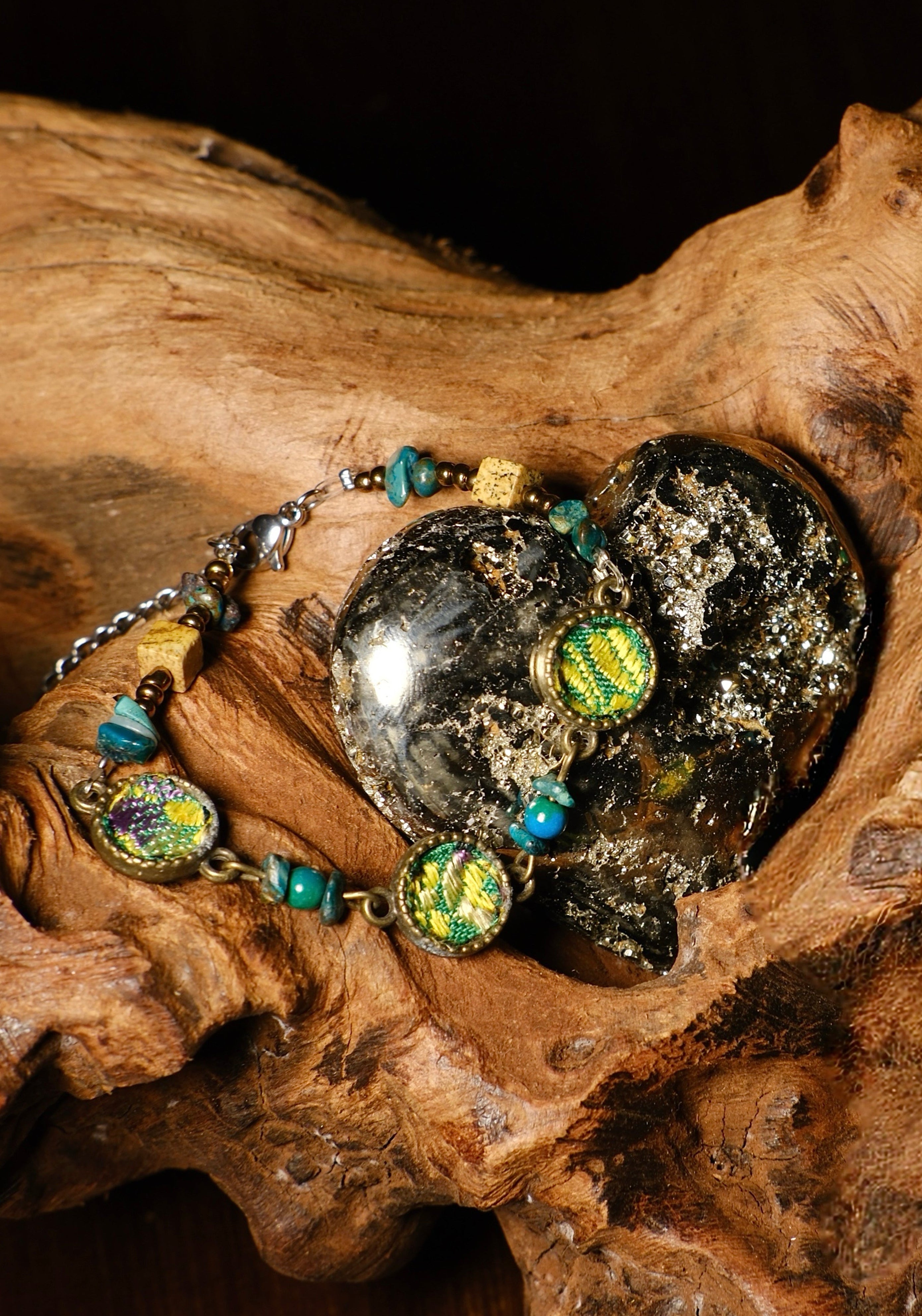 Embroidered Bracelet with Boho Green Textile & Turquoise Beaded Bronze Details