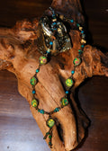 Embroidered Necklace with Boho Green Textile & Turquoise Beaded Bronze Details