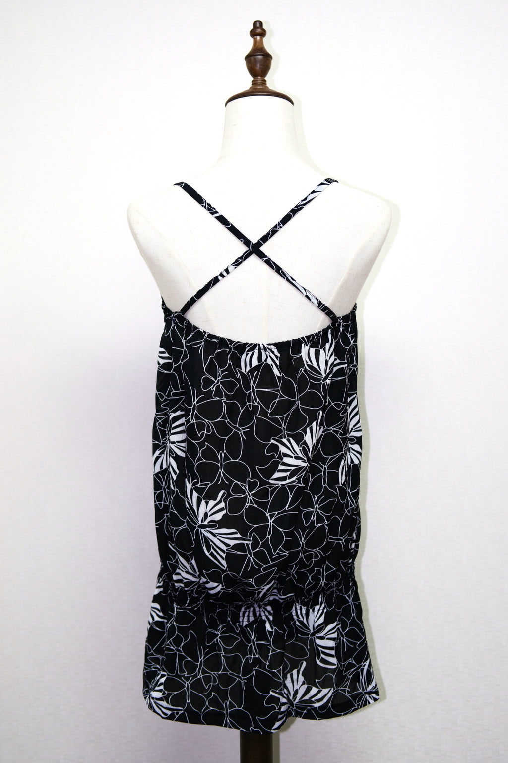 Black & White Butterfly Print Camisole Mini Dress with Ruffle Hem