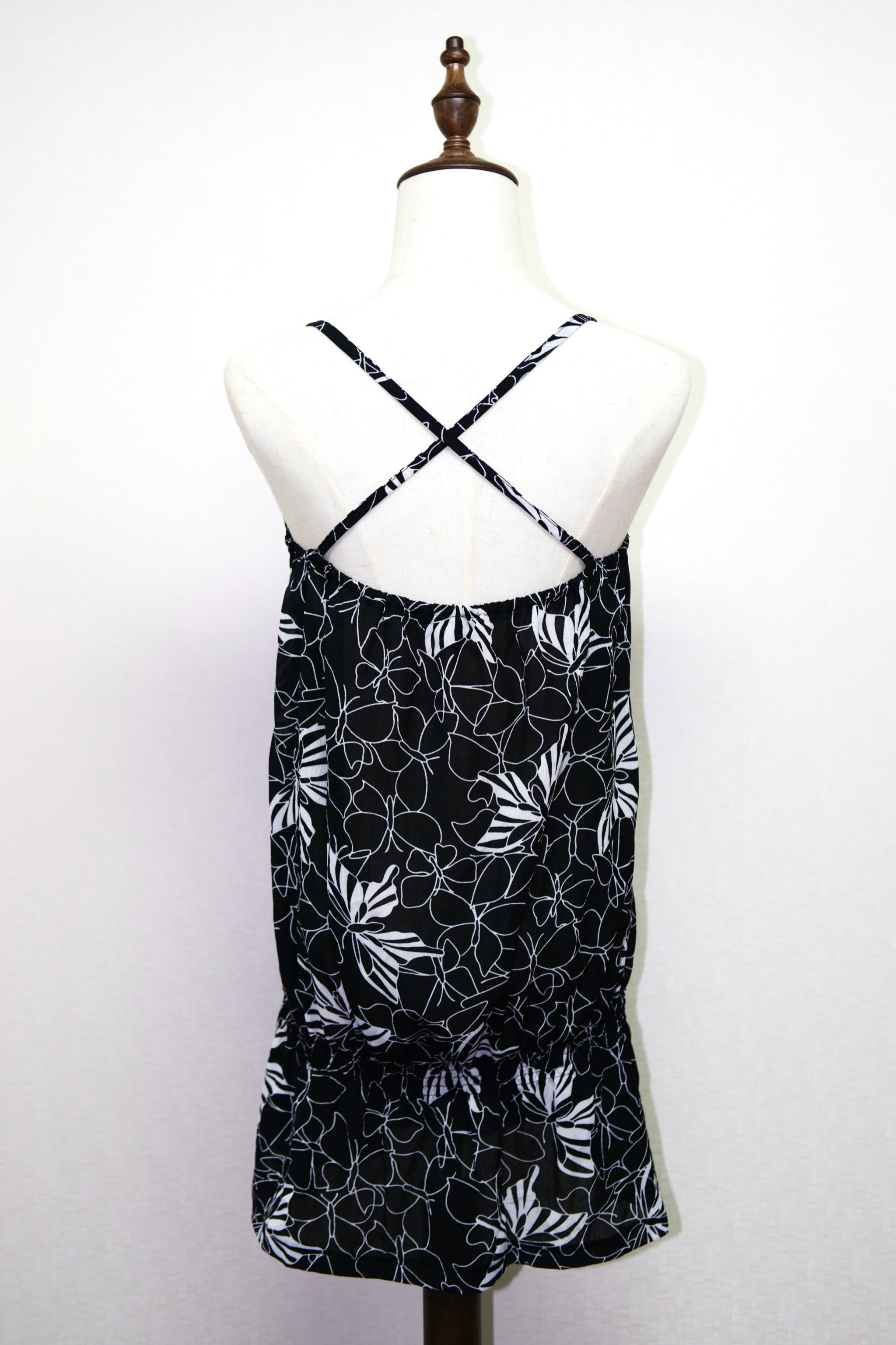 Black & White Butterfly Print Camisole Mini Dress with Ruffle Hem