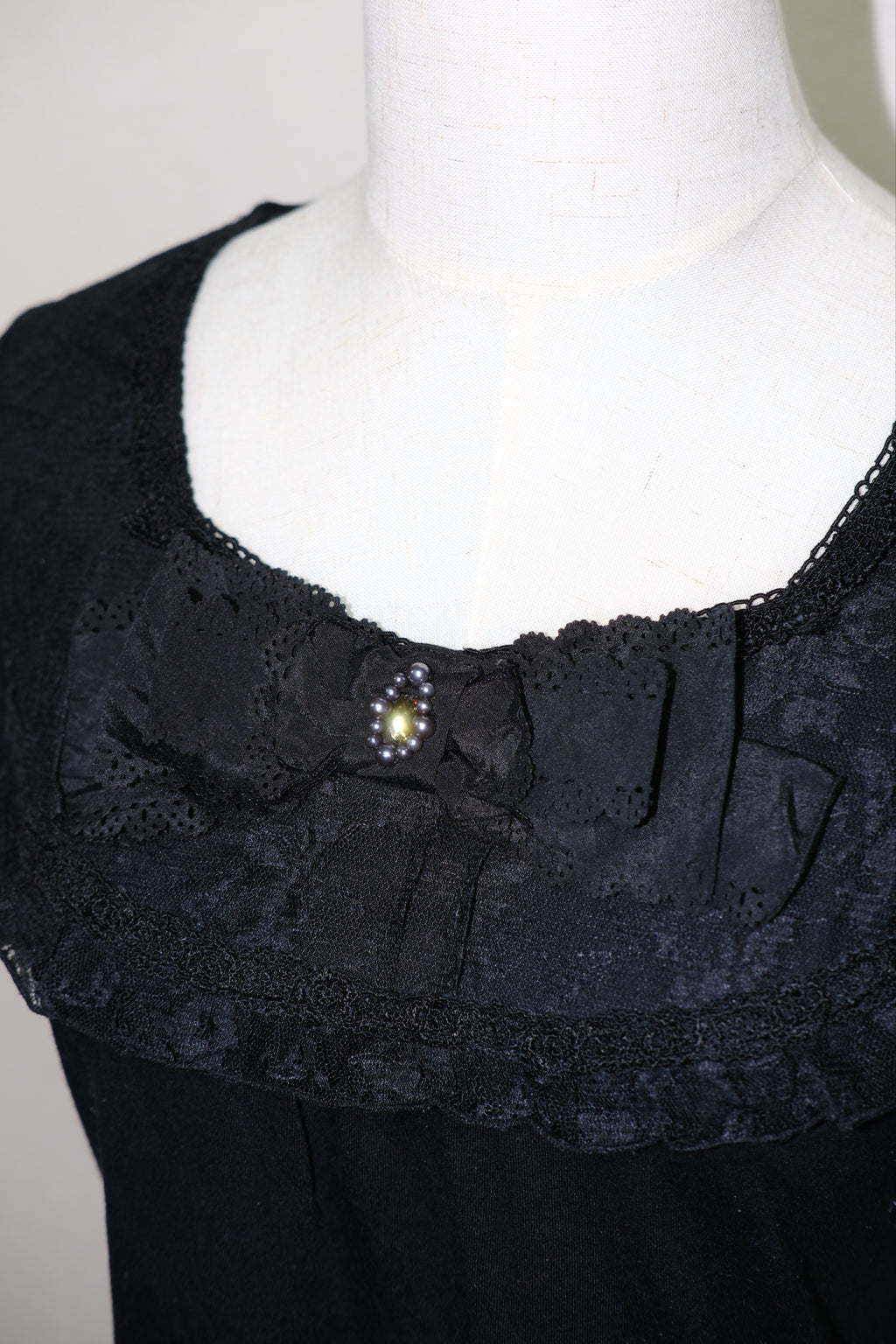 Black Lace & Pearl-Embellished Square Neck Short-Sleeve