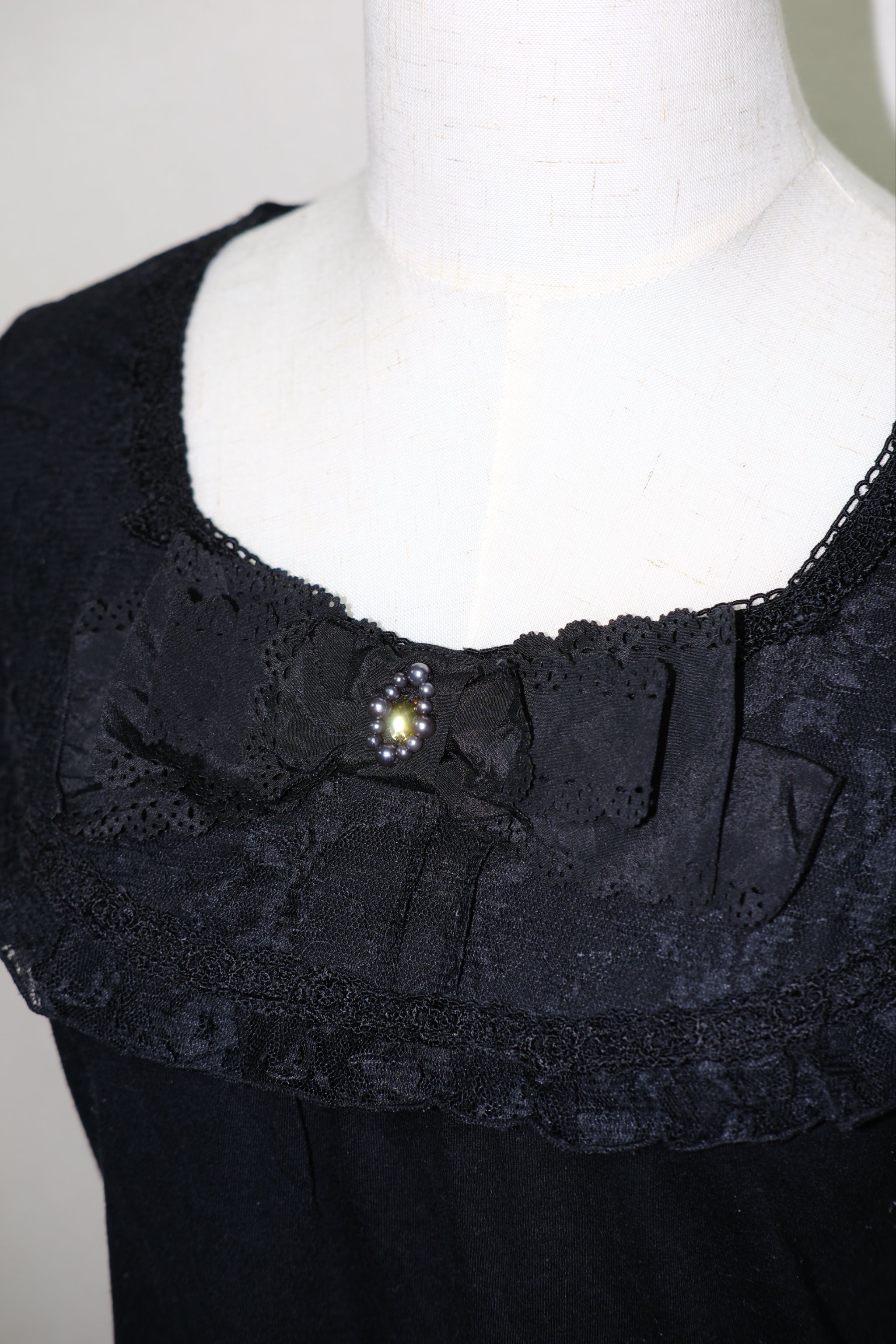 Black Lace & Pearl-Embellished Square Neck Short-Sleeve