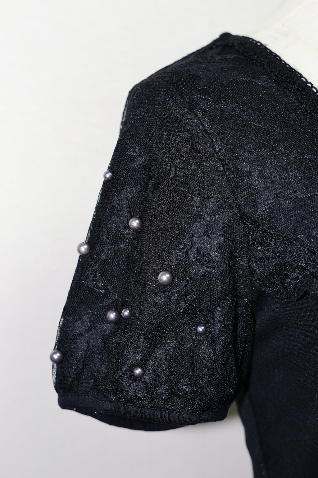 Black Lace & Pearl-Embellished Square Neck Short-Sleeve