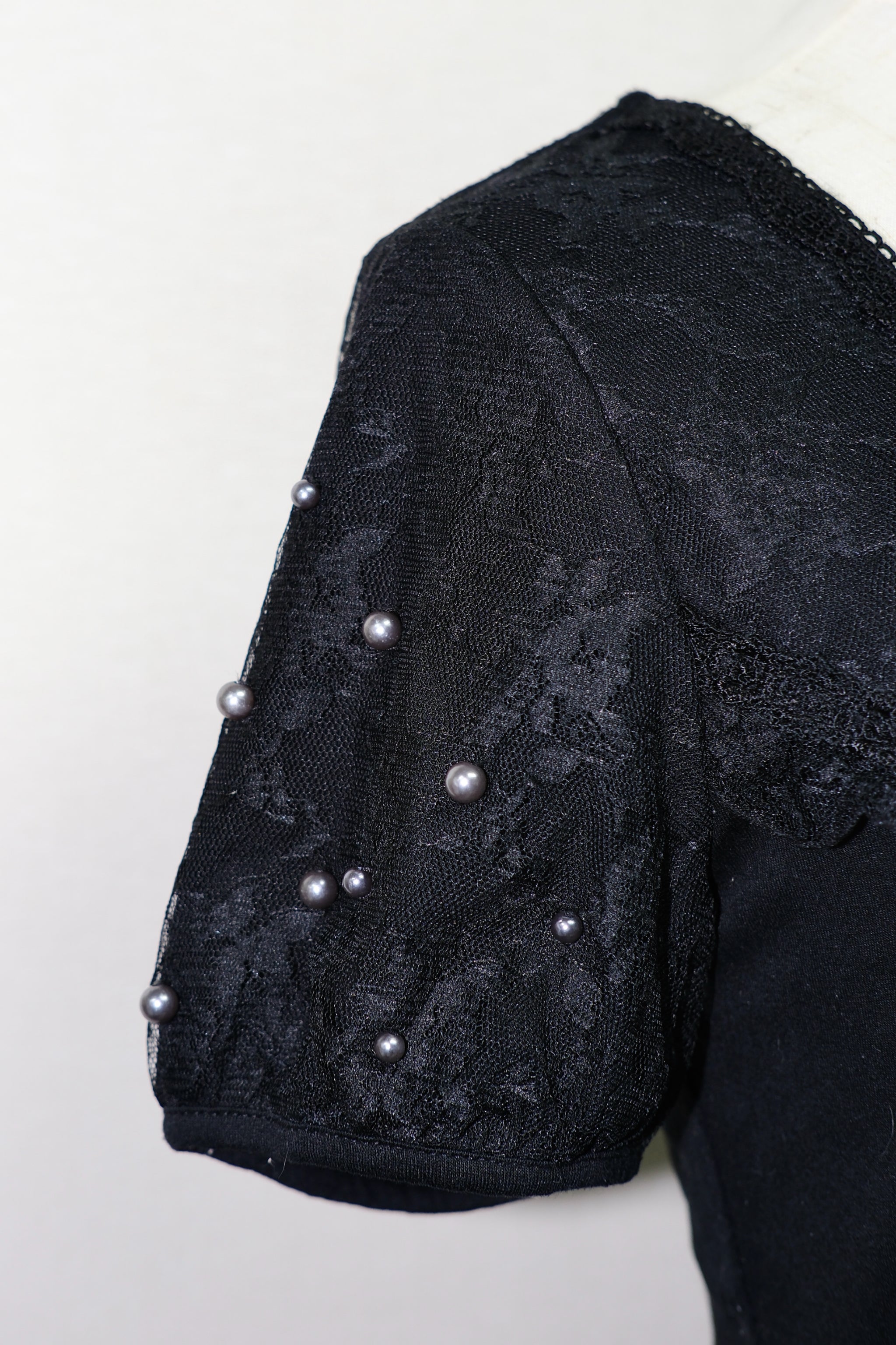 Black Lace & Pearl-Embellished Square Neck Short-Sleeve