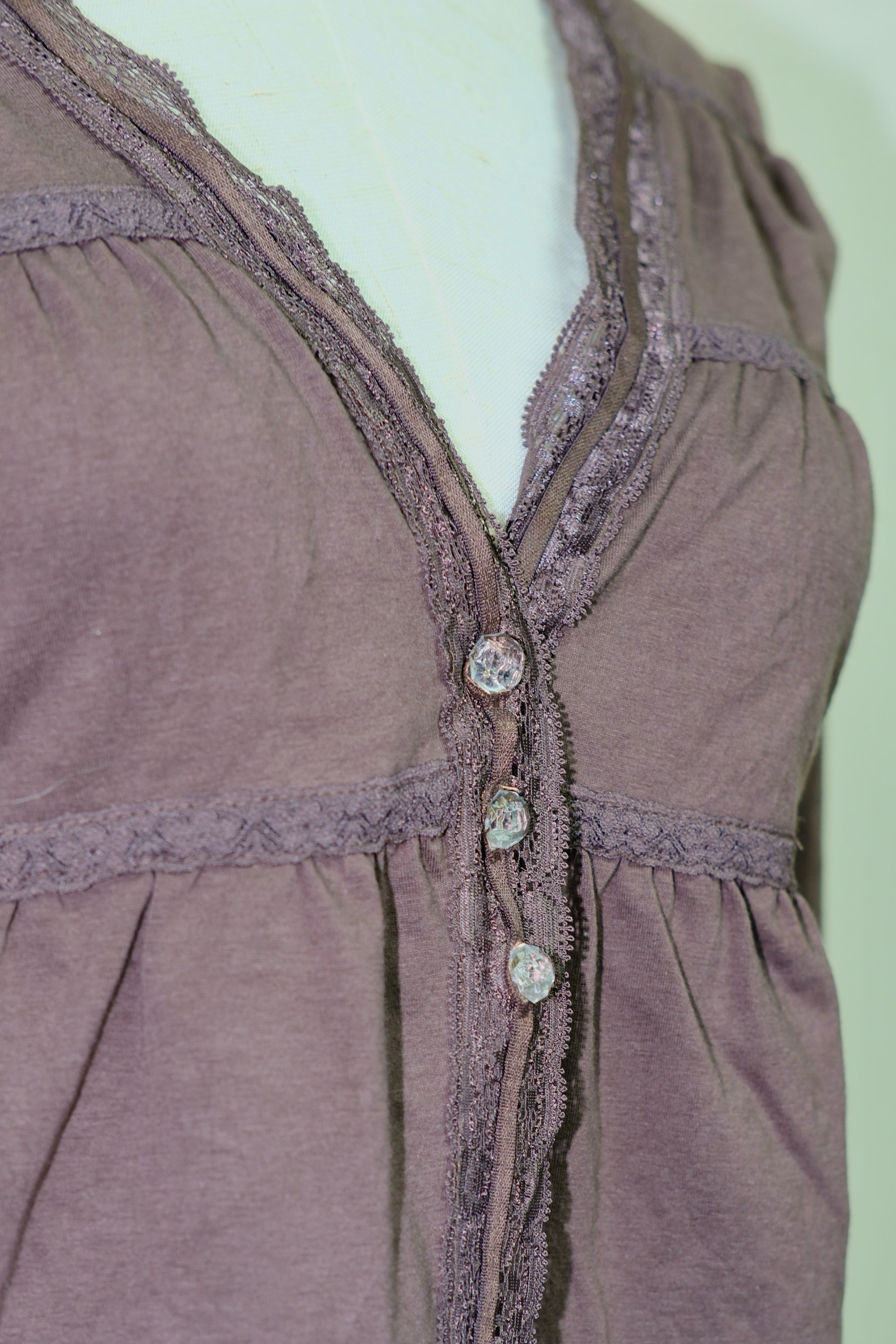 Deep Brown Lace-Trimmed V-Neck 3/4 Sleeve Cardigan