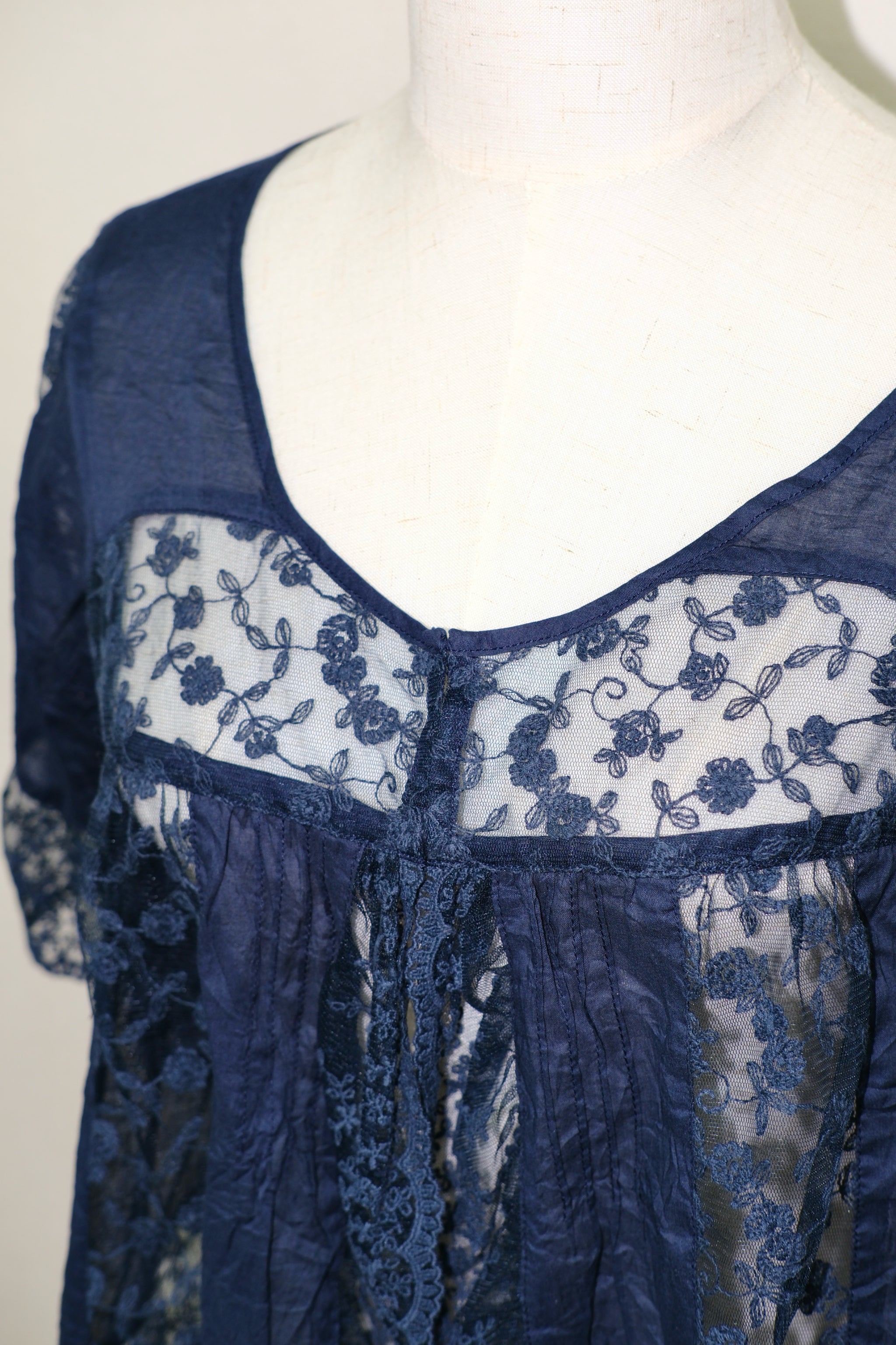 Midnight Blue Embroidered Lace Sheer Open-Front Blouse