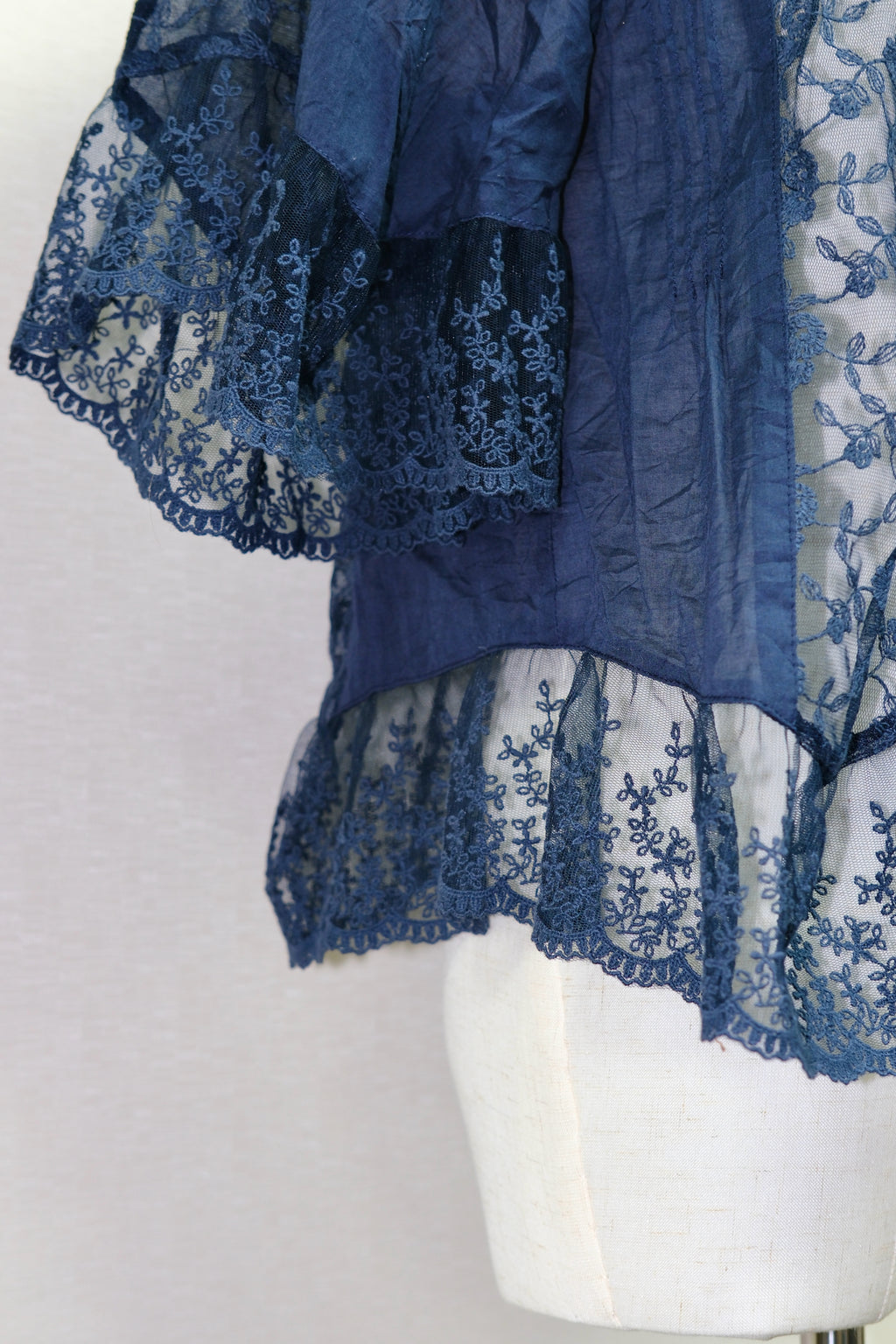 Midnight Blue Embroidered Lace Sheer Open-Front Blouse