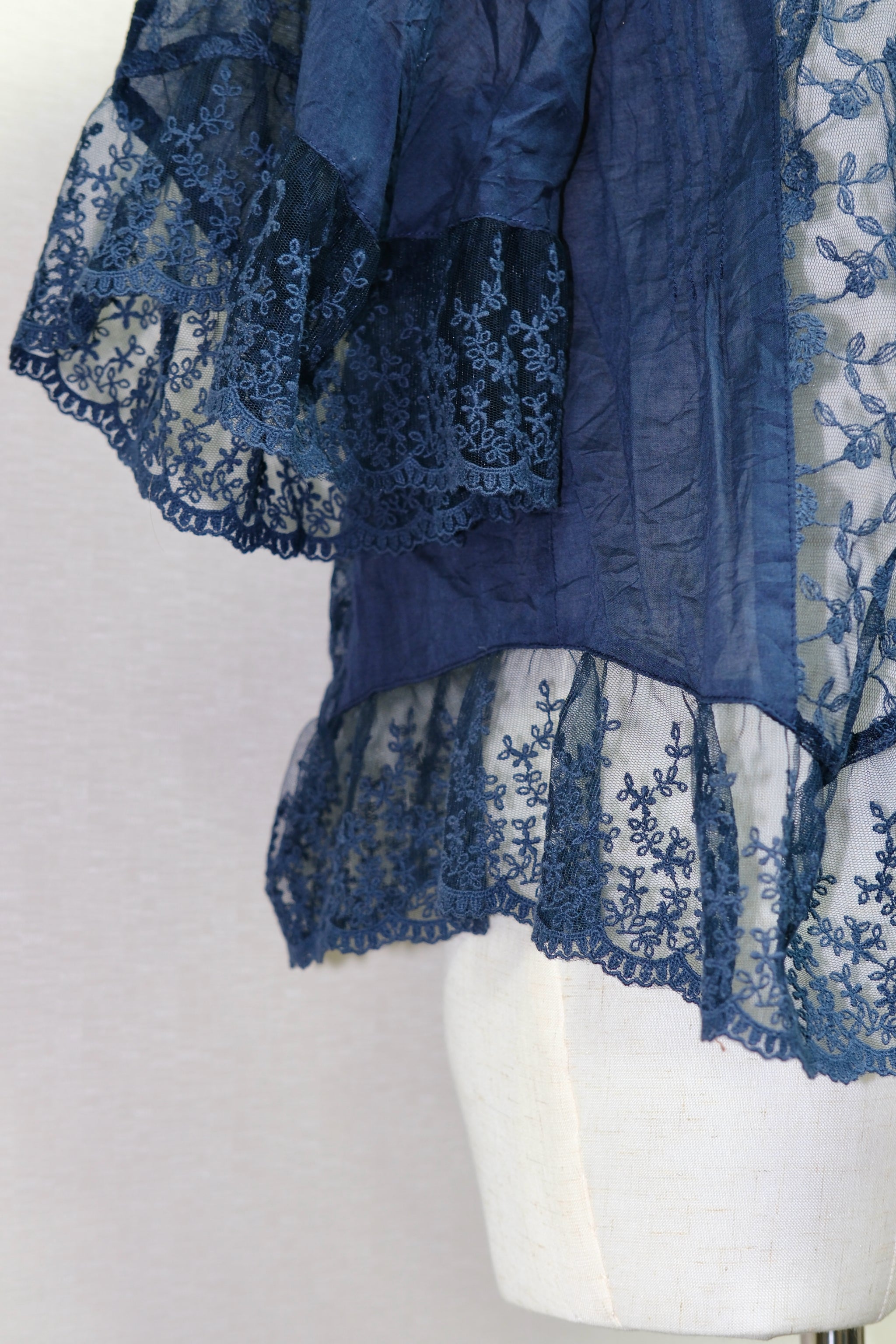 Midnight Blue Embroidered Lace Sheer Open-Front Blouse