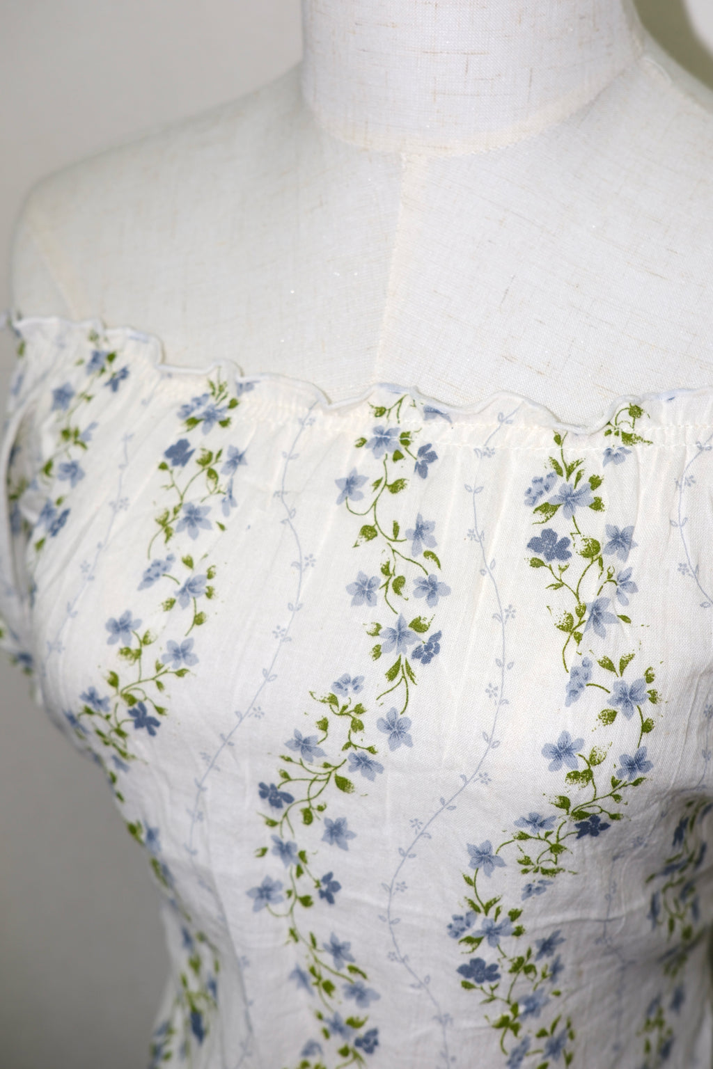 White & Blue Floral Off-Shoulder Puff Sleeve Top