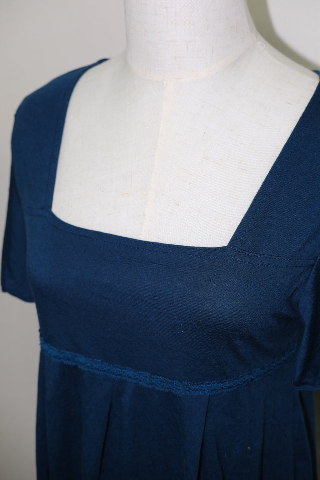 Navy Blue Square Neck Lace-Waist Babydoll Mini Dress