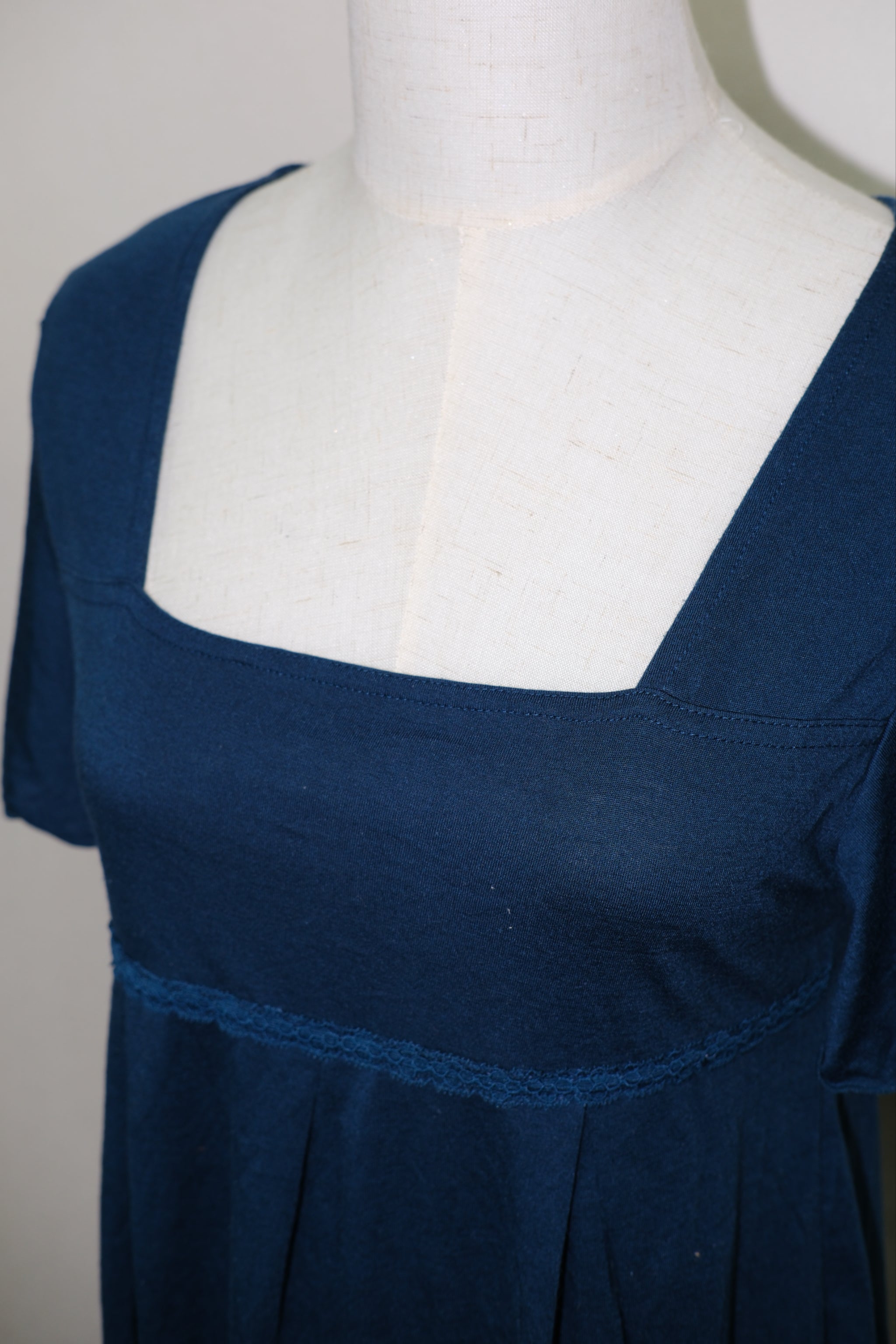 Navy Blue Square Neck Lace-Waist Babydoll Mini Dress