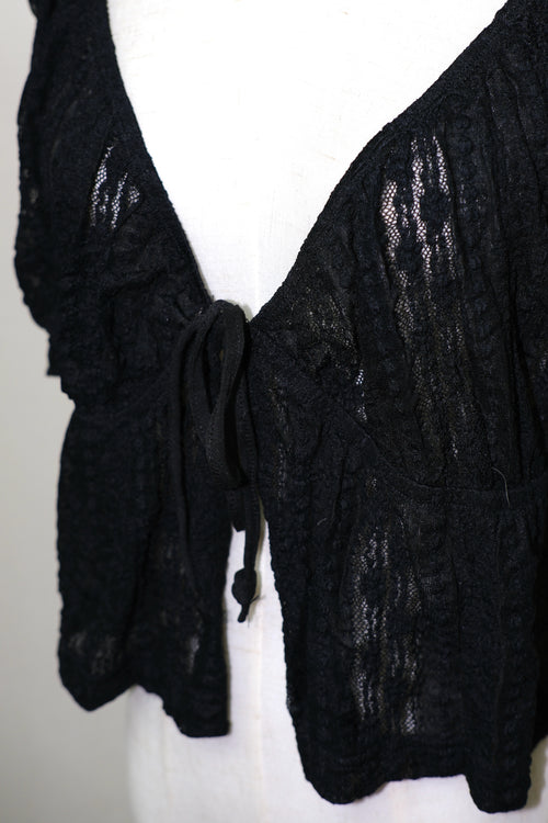 Black Textured Openwork Tie-Front Cropped Cardigan