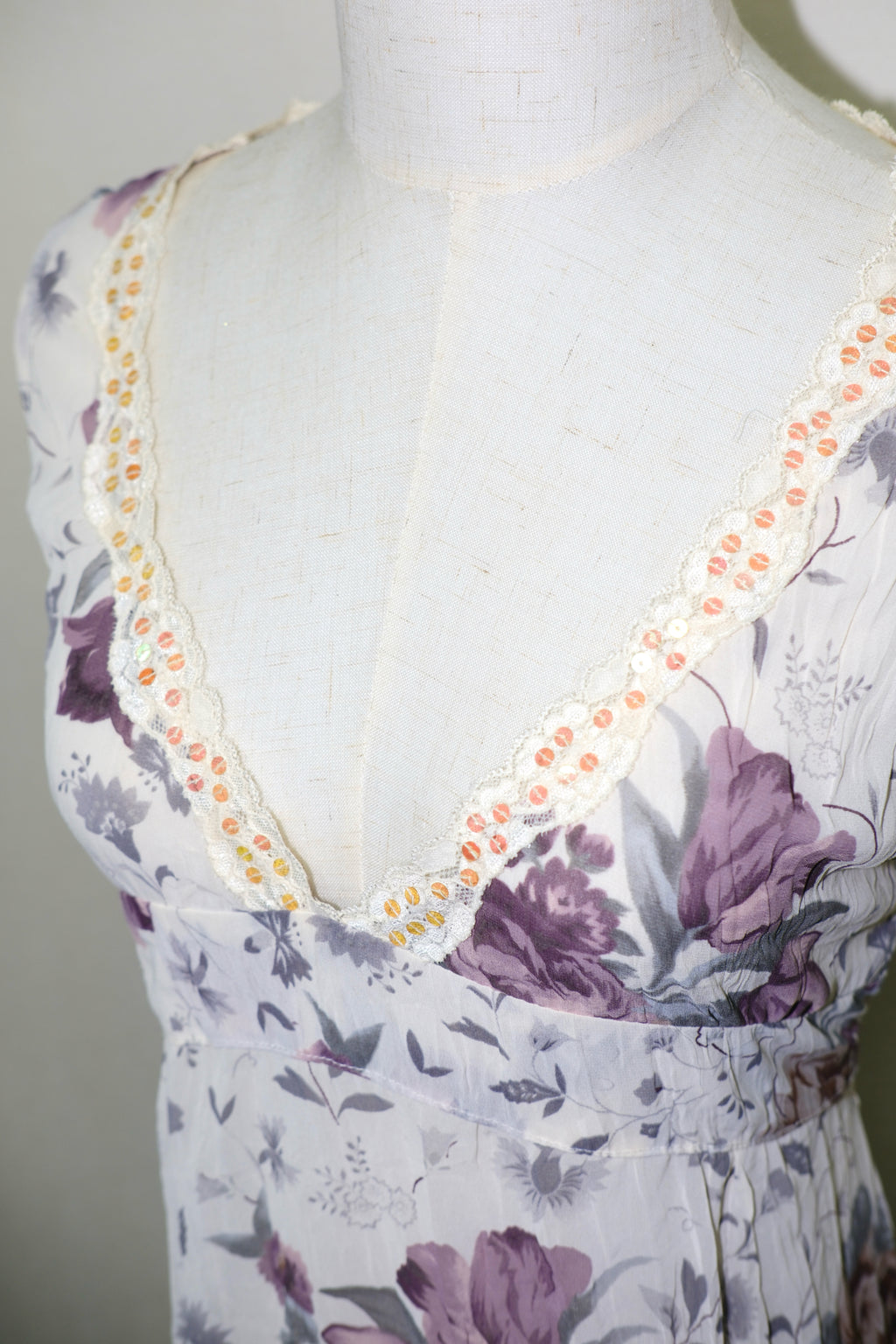 Purple Tulip Print Lace V-Neck Chiffon Slip Dress