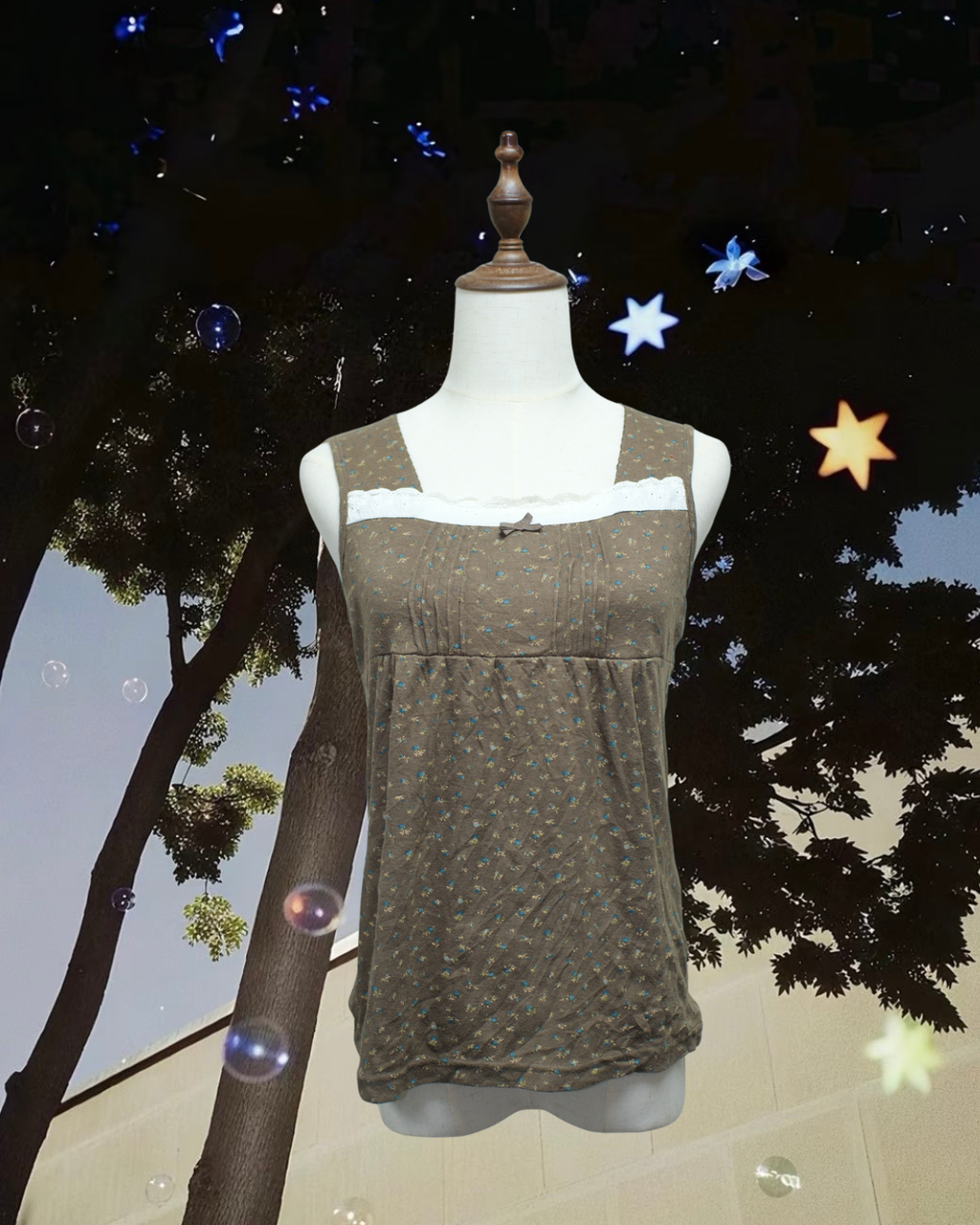 Brown Ditsy Floral Square-Neck Lace Bow Wear
