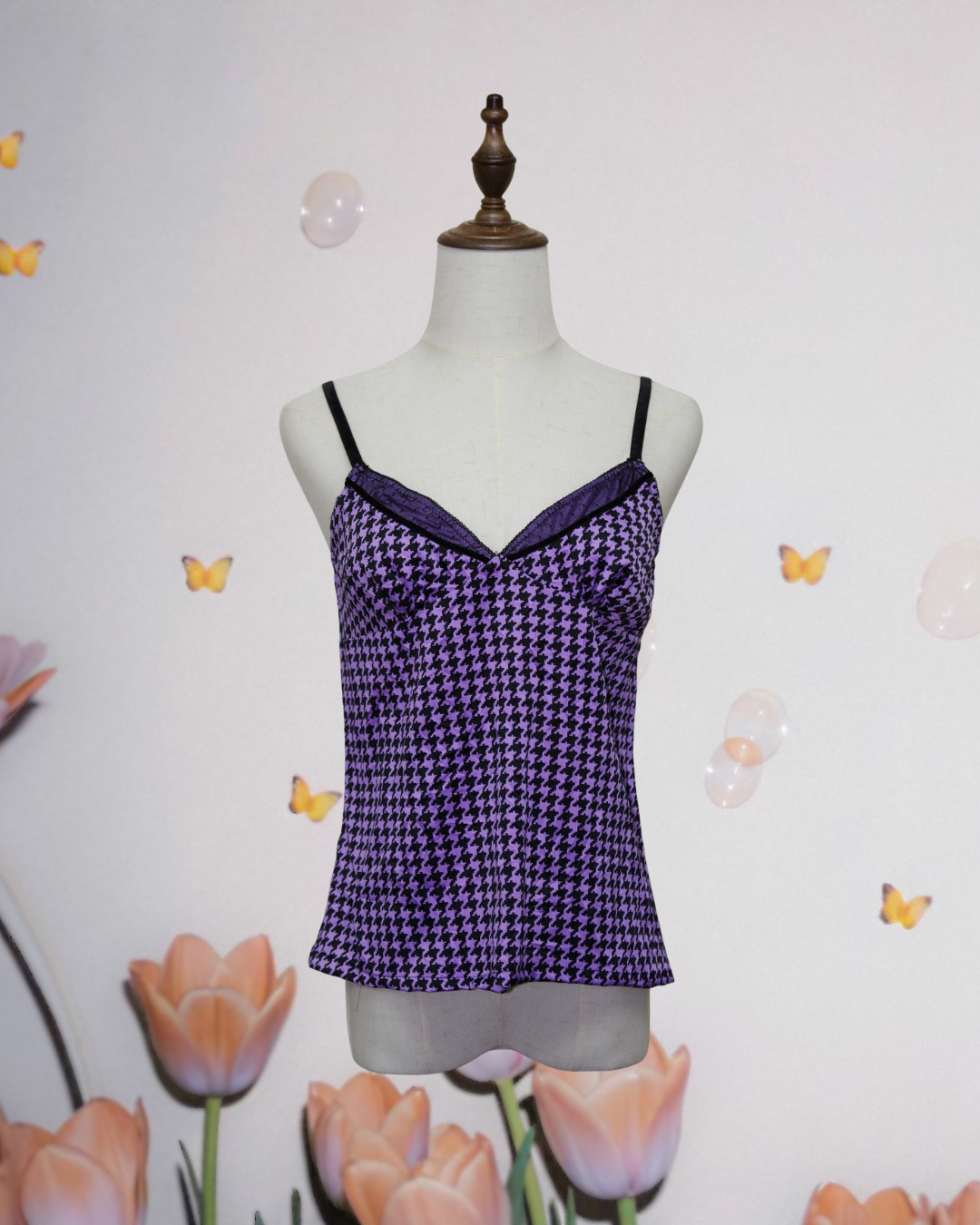 Purple & Black Houndstooth V-Neck Camisole
