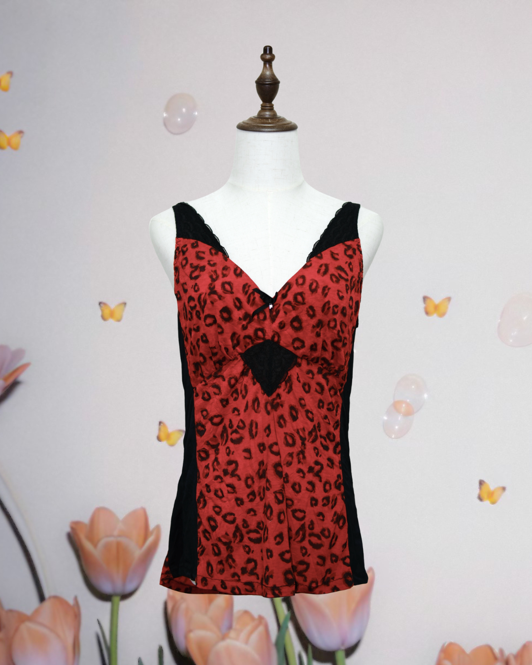 FILA Red Leopard Print Lace-Panel Camisole Top