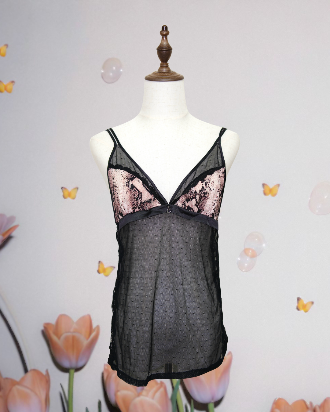 Black & Pink Snake-Print Lace Sheer Mesh Camisole