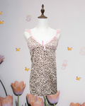 Pink Leopard Print Satin Camisole Slip Dress with Ruffle Straps