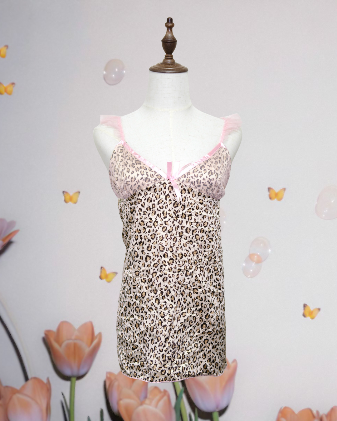 Pink Leopard Print Satin Camisole Slip Dress with Ruffle Straps