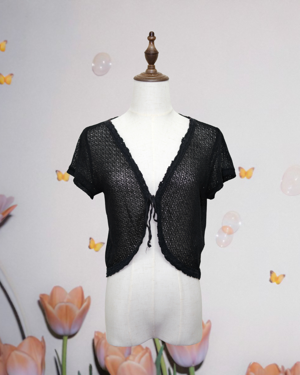 Crochet Lace Tie-Front Short Bolero Cardigan